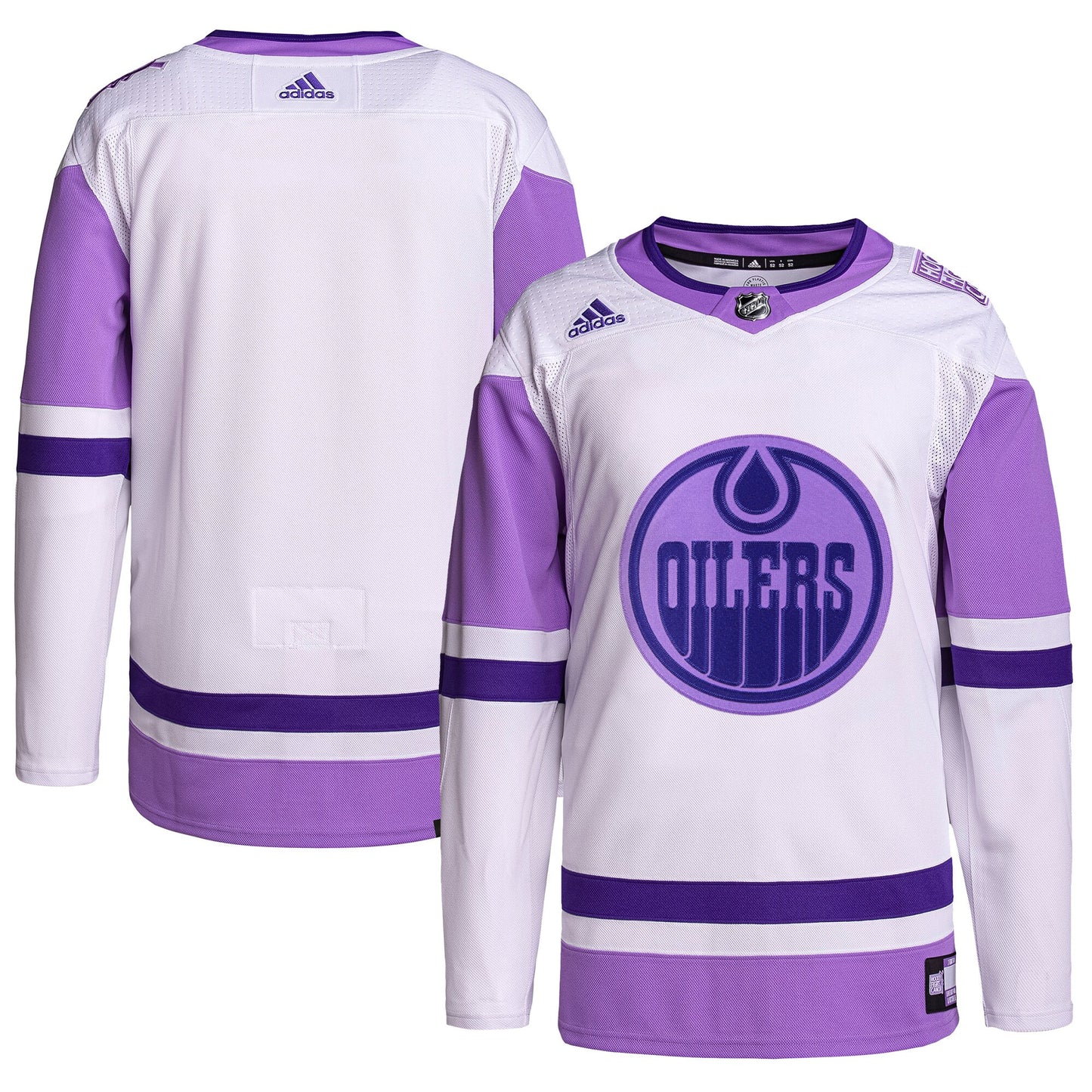 Edmonton Oilers adidas Hockey Fights Cancer Primegreen Authentic Blank Practice Jersey - White/Purple